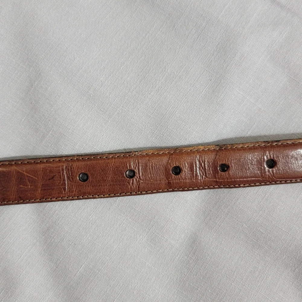 Brown‎ Mock Croc Leather Western Belt Silver Ornate 3pc Buckle Set USA M